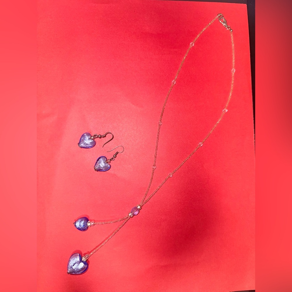 Blue glass blown in Venice, Italy Heart Necklace and Earring Set